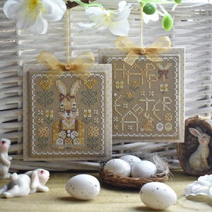 Mrs. Bunny and Happy Easter cross stitch patterns PDF bunny primitive sampler spring rabbit alphabet gathering eggs by StitchyPrincess
