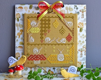 Spring cross stitch pattern PDF Snails primitive sampler cottagecore leaves folk mushroom landscape scenery digital download StitchyPrincess