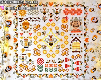 Queen bee cross stitch pattern PDF primitive sampler summer border honey flowers plant bird sunflower landscape ukraine StitchyPrincess