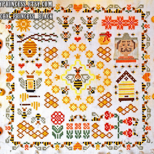 Queen bee cross stitch pattern PDF primitive sampler summer border honey flowers plant bird sunflower landscape ukraine StitchyPrincess