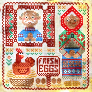 Easter cross stitch pattern PDF farm fresh eggs primitive sampler spring lady decor hunt scenery ukrainian digital download StitchyPrincess
