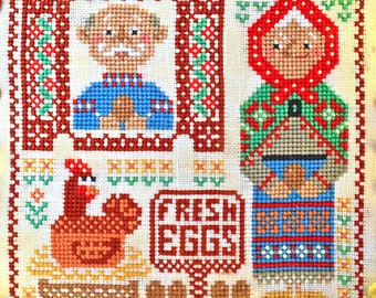 Easter cross stitch pattern PDF farm fresh eggs primitive sampler spring lady decor hunt scenery ukrainian digital download StitchyPrincess