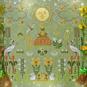 Woodland frog cross stitch pattern PDF primitive sampler flowers border plant magic swamp summer landscape Ukraine PDF StitchyPrincess