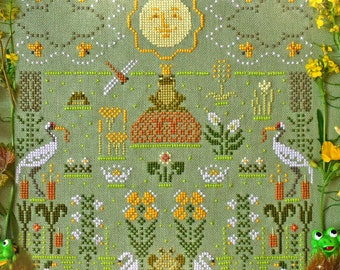 Woodland frog cross stitch pattern PDF primitive sampler flowers border plant magic swamp summer landscape Ukraine PDF StitchyPrincess