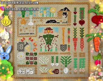 Spring vegetable garden with scarecrow cross stitch pattern PDF primitive sampler ukraine animal bunny carrots cottage core StitchyPrincess