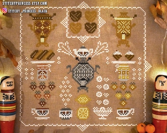 Cozy Kitchen cross stitch pattern PDF primitive sampler Samovars tea coffee backing food strawberry digital file download Stitchy Princess