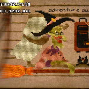 Halloween Witch Cross Stitch Pattern PDF adventure awaits dark spells train witchcraft magic occult funny salem snarky StitchyPrincess