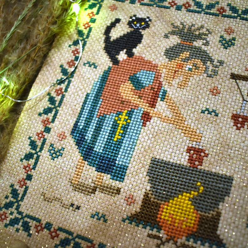 Primitive Baba Yaga Witch Cross Stitch Pattern (PDF Download) – Folk Art Halloween Sampler / StitchyPrincess image 6