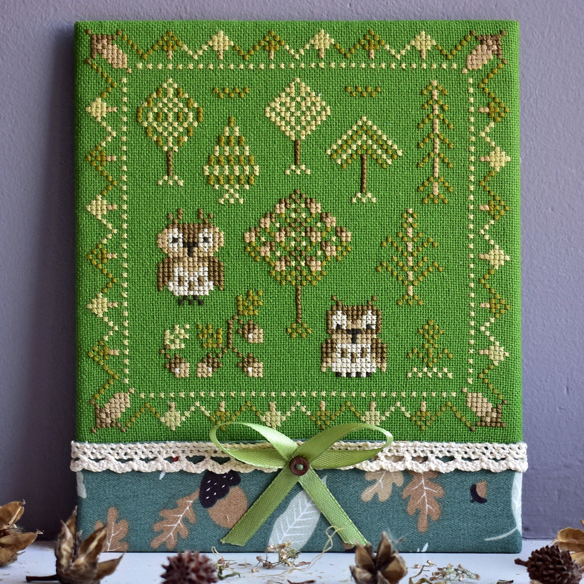 Cute owls cross stitch pattern PDF / primitive sampler woodland acorns digital file download Stitchy