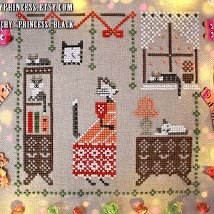 Miss Cat cross stitch pattern PDF primitive sampler kitty ornament rustic animals cactus house cute farm pet kitten mom Stitchy Princess