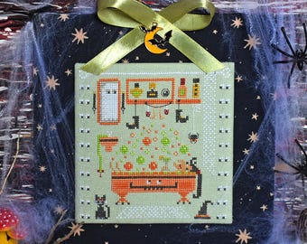 Witch's Bathroom Cross Stitch Pattern PDF / Halloween ornament with Black Cat / by StitchyPrincess