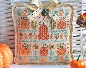 Pumpkin Spice Kreuzstichmuster PDF primitive Herbst-Sampler Herbst Ernte Sammlung Oktoberfest Eichhörnchen Quaker StitchyPrincess
