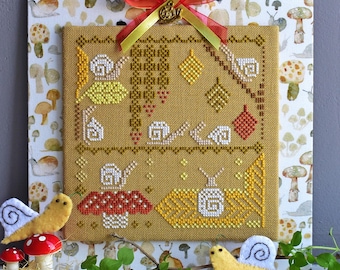 Fall garden cross stitch pattern PDF Snails primitive sampler cottagecore leaves folk mushroom landscape digital download StitchyPrincess