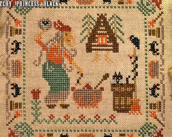 Baba Yaga witch cross stitch pattern PDF Halloween primitive sampler  salem creepy hut raven mushroom border cauldron spooky