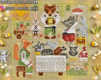 Funny animals cross stitch pattern PDF Spring primitive sampler Cat flower magic fox bear bunny crossstitch ukraine StitchyPrincess