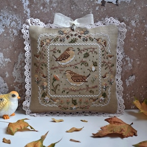 Fall birds cross stitch pattern PDF primitive autumn sampler chart nature birdie house flowers songbird 2025 Ukraine StitchyPrincess