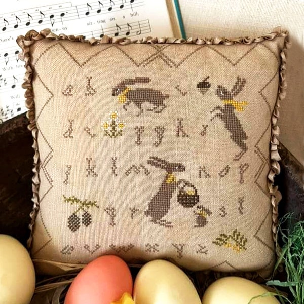 Spring bunnies cross stitch pattern PDF / Rabbit Primitive sampler scenery digital file alphabet font acorn spring border Stitchy Princess