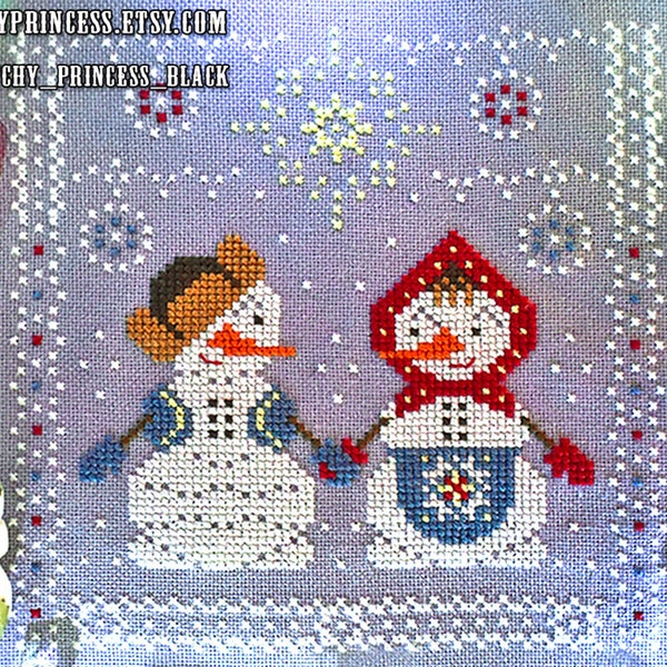 Bonhomme de neige hiver fille de neige modèle de point de croix PDF hiver slave primitif sampler ornement village de vacances neige flocon de neige StitchyPrincess