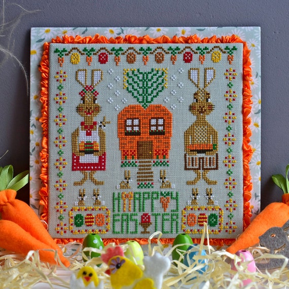 Easter cross stitch pattern PDF bunny primitive sampler / spring carrots house StitchyPrincess