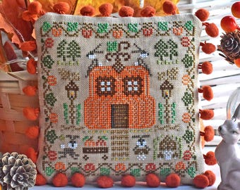 Padrão de Ponto Cruz da Casa de Abóbora com Coelhinhos de Outono (PDF)