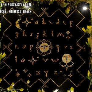 Primitive cross stitch pattern PDF Alphabet Sampler Folk sun letters magic night moon stars instant download + BONUS Ukrainian alphabet