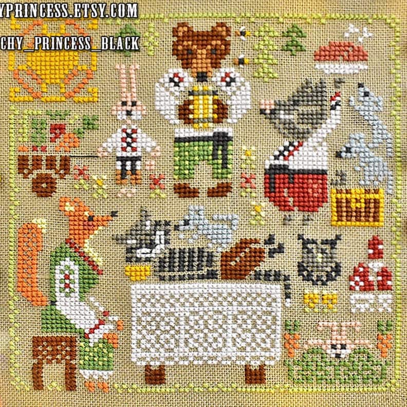 Lustige Tiere Kreuzstichmuster PDF Sommer primitiver Sampler Katze Blume Magie Fuchs Bär Hase Kreuzstich Ukraine StitchyPrincess