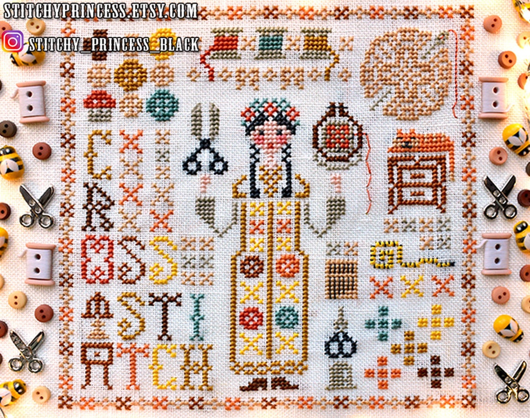 Miss Cross Stitch Sampler Primitive Girl Pattern PDF / Cat Scissors