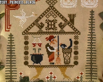 Baba Yaga Halloween Witch cross stitch pattern primitive PDF sampler  hut chicken leggs hut black cat salem creepy funny folk ukraine spells