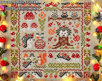 Hedgehogs cross stitch pattern PDF primitive sampler mushroom fall harvest woodland border Ukraine autumn leaves owls apple StitchyPrincess