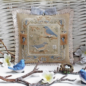 Oosterse bluebirds kruissteekpatroon pdf primitieve lente sampler chart natuur birdie house bloemen zangvogel 2025 Oekraïne StitchyPrincess