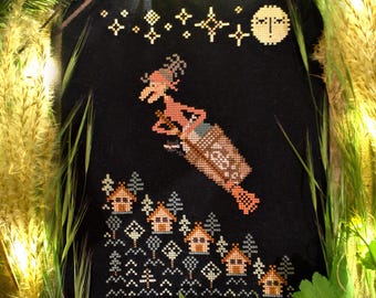 Padrão de Ponto Cruz Baba Yaga em PDF / Desenho de Bruxa Voando em Vassoura / por StitchyPrincess Ucrânia