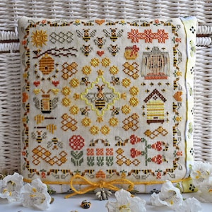 Queen bee cross stitch pattern PDF primitive sampler summer border honey flowers plant bird sunflower landscape ukraine StitchyPrincess
