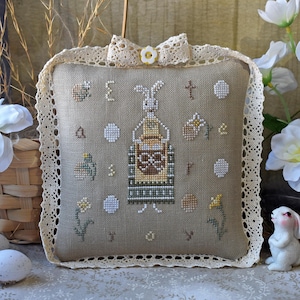 Miss Lily Bunny Easter joy cross stitch pattern PDF primitive spring alphabet sampler rabbit gathering eggs flowers blossom StitchyPrincess