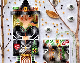 Padrão de ponto cruz em PDF de bruxa da floresta, enfeite de Halloween para colina de fábrica de papel perfurado