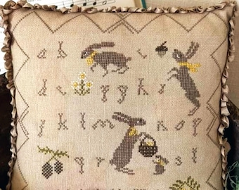 Fall Bunnies cross stitch pattern PDF / Rabbit Primitive sampler motif digital alphabet acorn spring border Stitchy Princess
