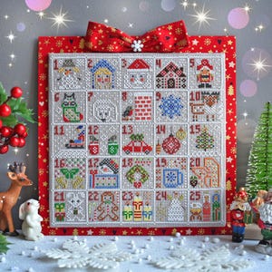 Advent calendar cross stitch pattern PDF primitive sampler Christmas Nativity ReinDeer Rabbit Santa Bear Gingerbread Cocoa StitchyPrincess