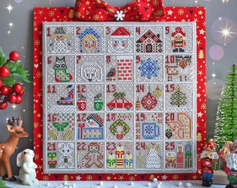 Advent calendar cross stitch pattern PDF primitive sampler Christmas Nativity ReinDeer Rabbit Santa Bear Gingerbread Cocoa StitchyPrincess