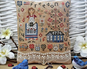 Patriotic Flower Garden Cross Stitch Pattern PDF / Primitive Summer Sampler 1776 (PDF) USA 250 Anniversary / by StitchyPrincess