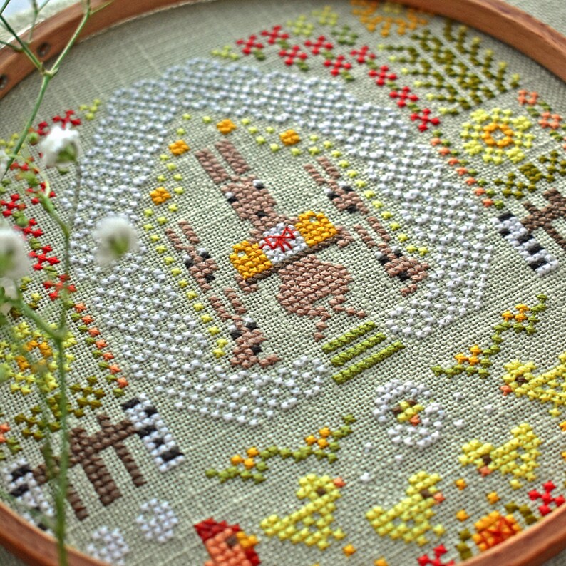 Easter Bunny Cross Stitch Pattern, Primitive Spring Sampler (PDF) - Etsy