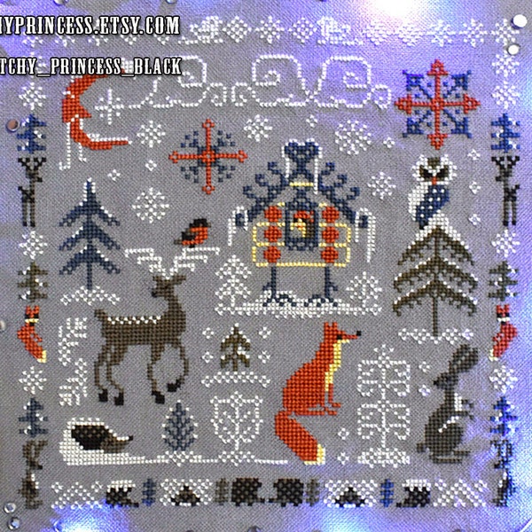 Winter Primitive cross stitch pattern PDF Ukraine Christmas Xmas ornament sampler ReinDeer Fox Rabbit Owl woodland snowflake StitchyPrincess