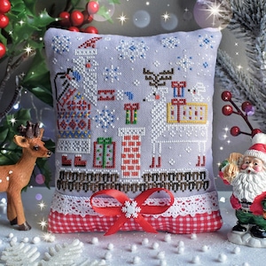 Christmas Santa cross stitch pattern PDF on the roof primitive sampler ReinDeer Rabbit Claus chimney snow snowflake Ukraine StitchyPrincess