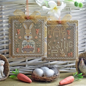 Mr. Bunny and Happy spring cross stitch patterns PDF bunny primitive sampler spring rabbit alphabet carrots by StitchyPrincess