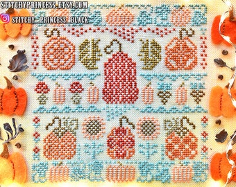 Pumpkin cross stitch pattern PDF primitive sampler fall harvest season digital file mushroom patch ornament squirrel quaker StitchyPrincess