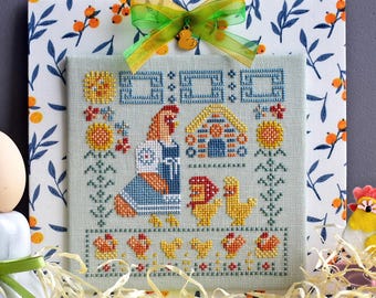 Primitive Hen cross stitch pattern PDF sampler hut chicken summer flowers sunflower animal egg hunt cottagecore StitchyPrincess