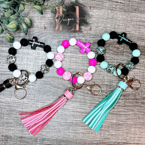 Jesus Wristlets,  Keychain, Silicone Beads, Gift For Mother, Daughter, Bangle, Wallet, Gift For Her, Leopard, Key Ring With Tassel