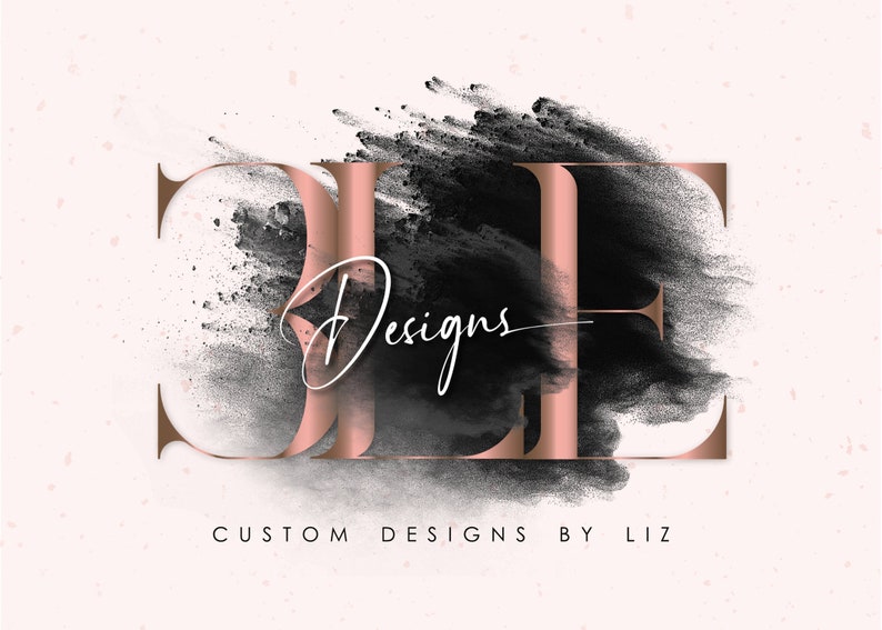 May include: Rose gold-colored letters "CLE" with the word "Designs" in a cursive font. A black cloud-like design is behind the letters. The text "CUSTOM DESIGNS BY LIZ" is at the bottom of the image.
