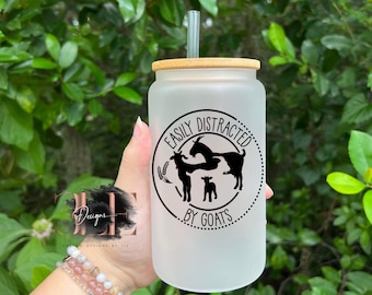 Easily Distracted By Goats Glass Tumbler With Bamboo Lid And Straw, Crazy Goat Lady Gift Idea, Funny Goat Gift, Cute Goat Cup For Friend