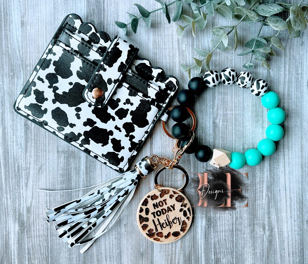 Personalized Wristlets,  Keychain, Wood Disc, Silicone Beads, Gift, Mother, Daughter, Bangle, Wallet, Gift For Her, Leopard, Cow, Beach,