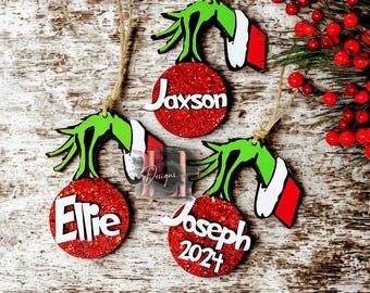 Fast shipping Green Hand Personalized Christmas Ornament, Kids Name On Ornament, Custom Christmas Ornaments, Stocking Tag, 2026 Ornament