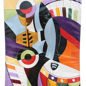 May include: Abstract art piece featuring a jazz theme. The artwork uses geometric shapes and bold colors, including black, white, blue, orange, and purple. A trumpet, piano keys, and a drum are depicted. The artist's signature, "Edmant," is in the lower left corner.
